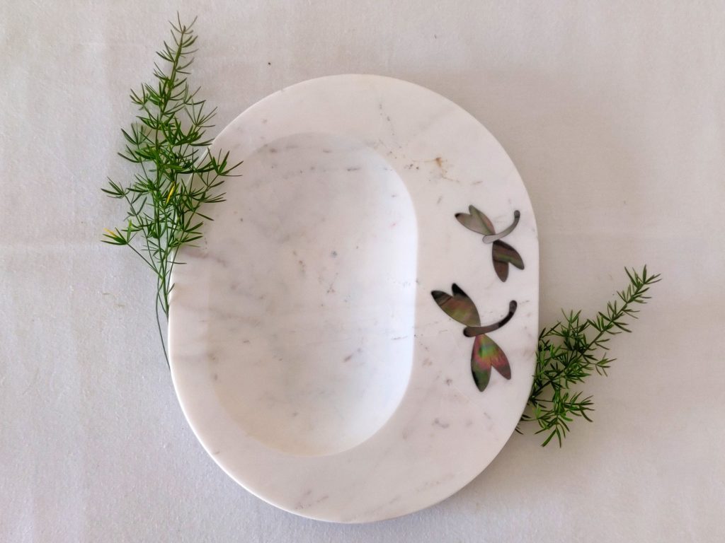 Platter made with natural stone and intricate metal inlays by Orvi Home